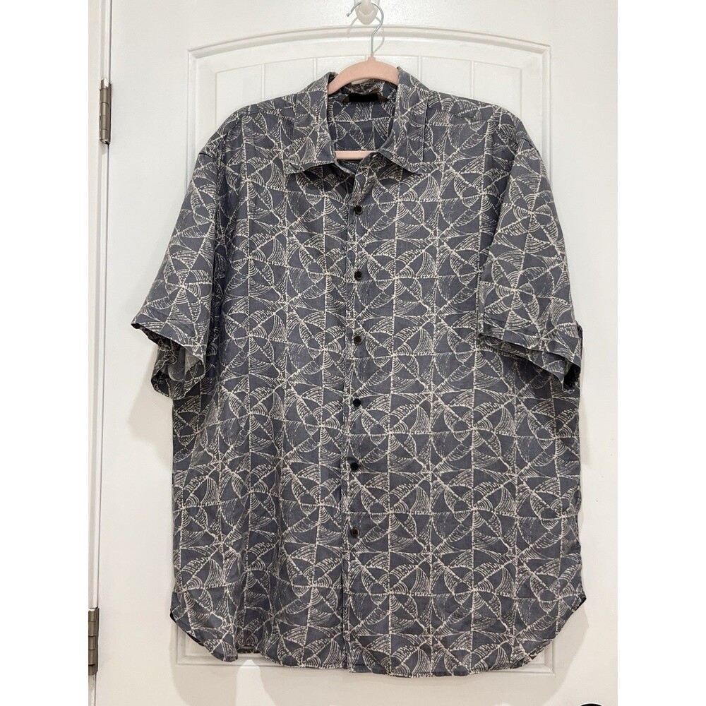 Axist Men’s Wave Washed 100% Linen Sz XL Button Down Blue Geometric SS Shirt